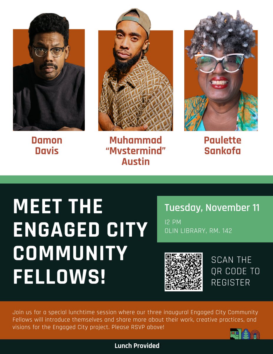CRE2_WashU's tweet image. Join us for a special lunchtime session where our three inaugural Engaged City Community Fellows will introduce themselves and share more about their work, creative practices, and visions for the Engaged City project.
RSVP here: tinyurl.com/5c6mm93p