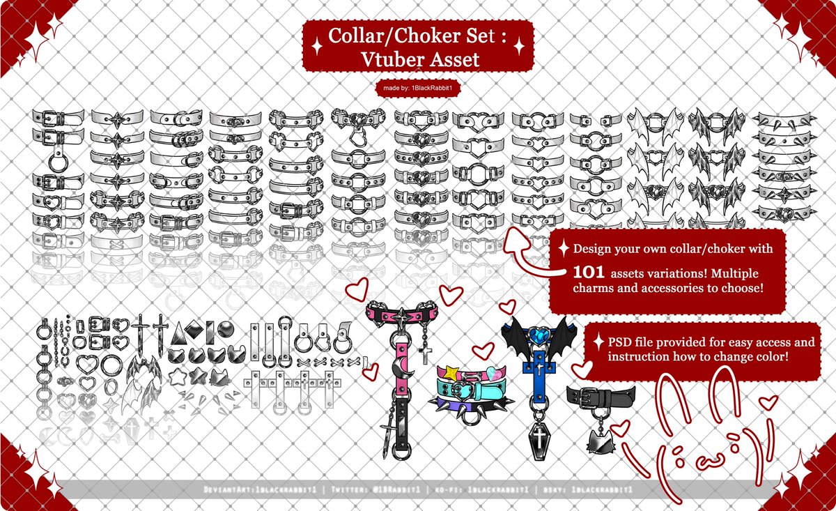 1BRabbit1's tweet photo. Collar and Choker Set is now available for $5.25!

❤️Collar and Choker Set Includes:❤️ 
- 101 Designed Collars and Choker   
- 12 Collar and Choker Bases  
- 50 Charms and Accessories  
- PSD File

Kofi &amp; Vgen Link: ⬇️⬇️
#vtuber #vtuberassets #VGen #smallartist https://t.co/UJyMMkElqR