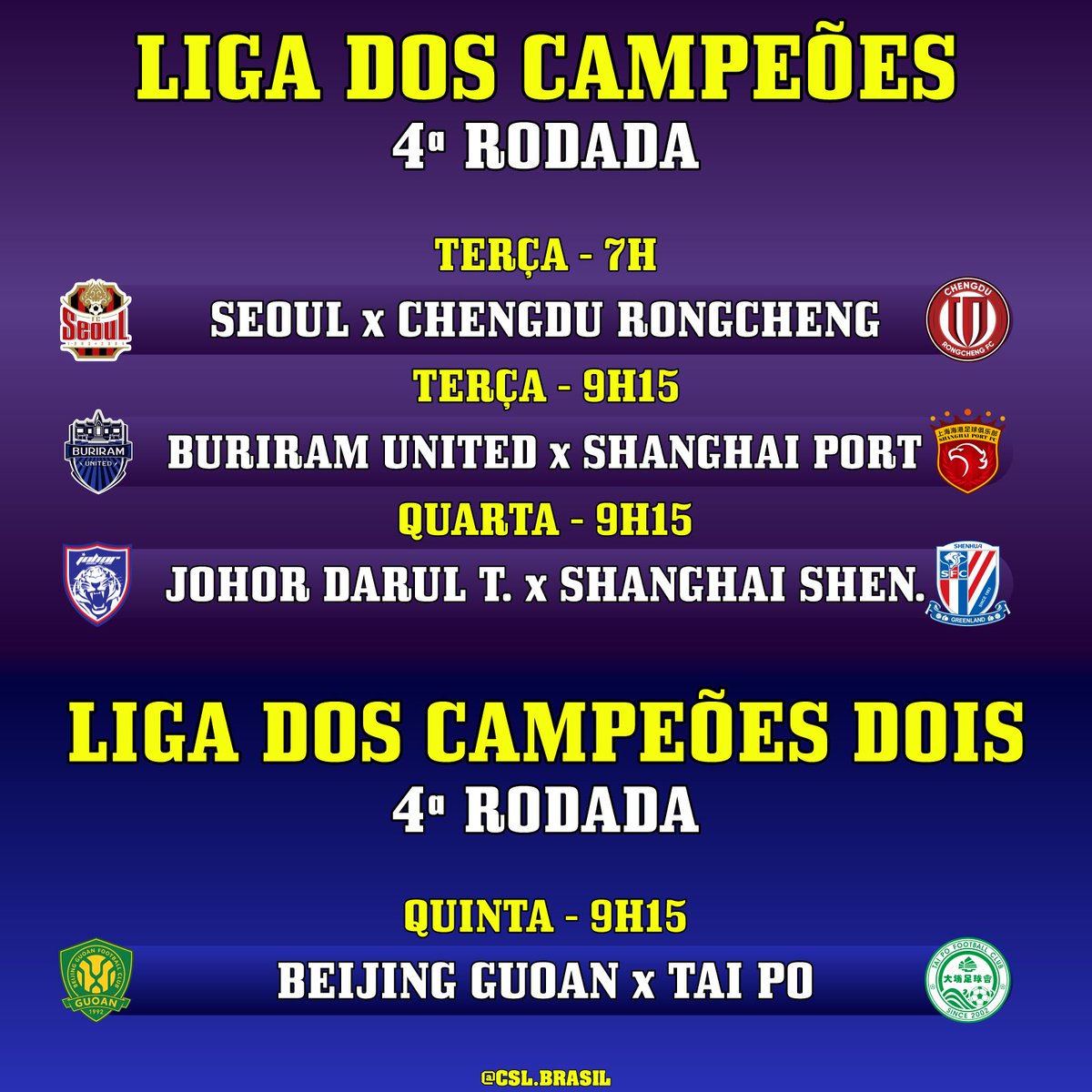 CSLBrasil's tweet image. Os jogos das equipes chinesas pela quarta rodada da Liga dos Campeões Elite e da Liga dos Campeões Dois