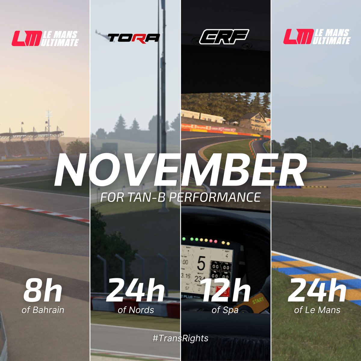 ENDURO-VEMBER!

This November we're set for a thrilling 68 hours of Endurance action across Forza Motorsport, Le Mans Ultimate, and ACC! We'll be unveiling more for each event as they get closer, but we're undeniably willing to give each one our best!