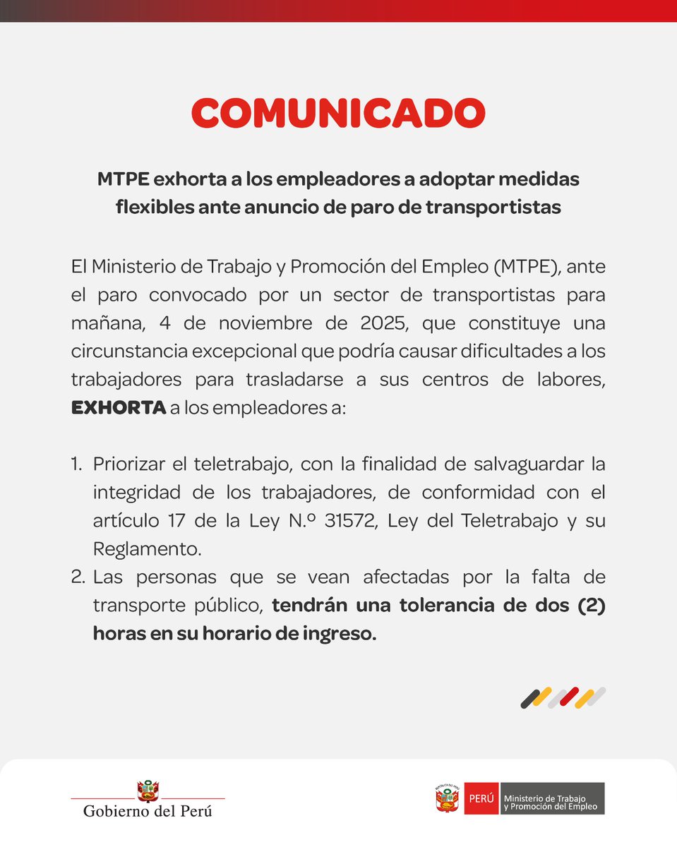 MTPE_Peru's tweet image. COMUNICADO 📢

Ante el paro convocado por un sector de transportistas para mañana, 4 de noviembre, el MTPE informa a la ciudadanía.