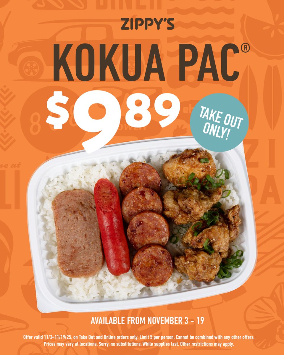 Zippys's tweet image. Get the Kokua Pac for $9.89 🙌🏽

Offer valid 11/3–11/19/25, on Take Out and Online orders only. Limit 5 per person. Cannot be combined with any other offers. Prices may vary at locations. Sorry, no substitutions. While supplies last. Other restrictions may apply