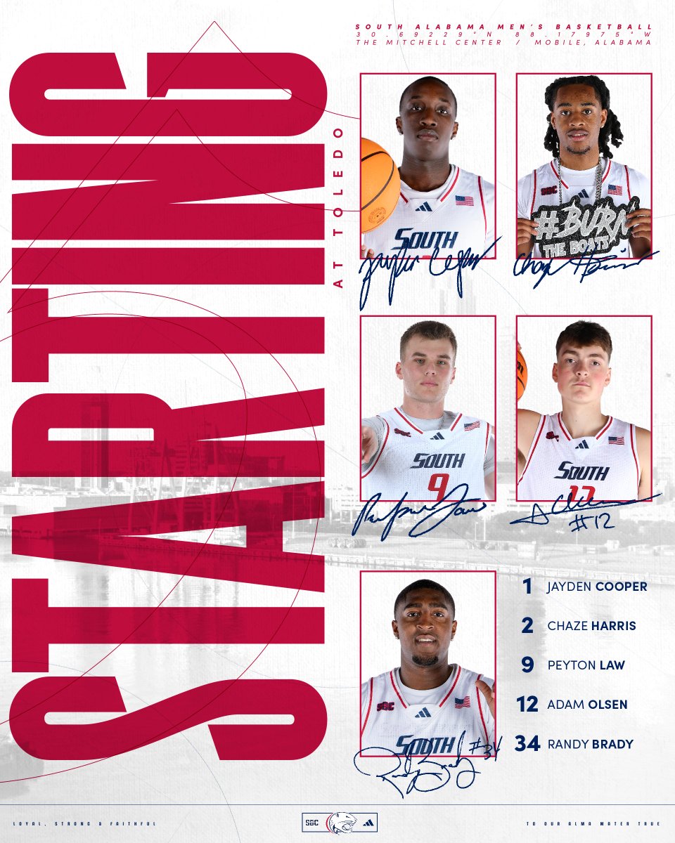 SouthAlabamaMBB's tweet image. The First Five 🖐️

#LSF | #BurnTheBoats