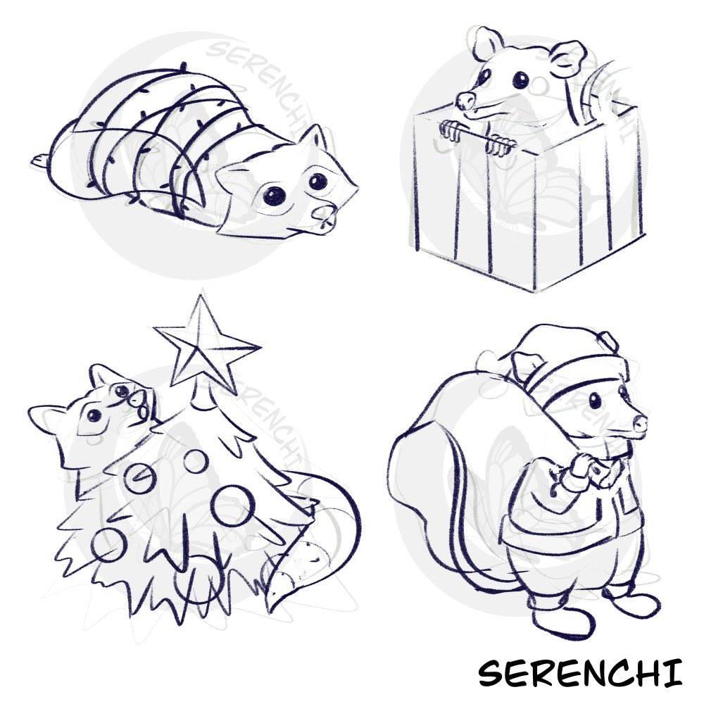 Serenchi's tweet photo. Sketches for the next set of raccoon and oposum holiday stickers. I need to get these done and printed by Thursday. 🙃 No pressure. https://t.co/6CfOQqvg5c