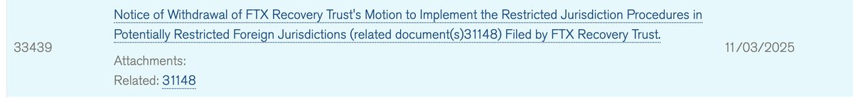 zhetengji's tweet photo. Update: The #FTX Recovery Trust filed a Notice of Withdrawal of the “Restricted Jurisdiction Procedures” motion on Nov 3. This is a victory for all potentially affected creditors. 

But until you receive the compensation you’re owed, stay vigilant and keep acting together. https://t.co/Z1oBhHZOXk