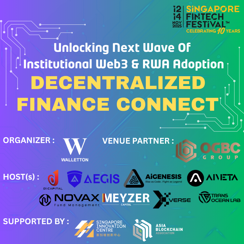 WallettonInc's tweet image. Join our DeFi Connect during Singapore Fintech Festival : luma.com/h7y95eox
📅 Date: 11/11/25 (Tuesday) 
🕒 Time:  6.30pm - 10.30pm 
📍 Location: OGBC Innovation Hub (20 Cecil Street, PLUS 04-07, Singapore 049705.) 

#FinanceInnovation #Fintech #DEFİ
#Web3 #RWA #Blockchain