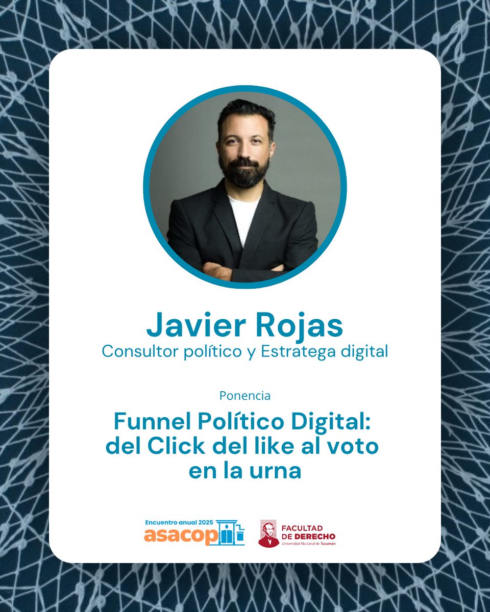 Jsrojas22's tweet image. Este 6 y 7 de noviembre se realizará el Encuentro Nacional de la @Asacop_arg en Tucuman y expondré en el Panel de Comunicación Política Digital el viernes a las 17:45hs. Los espero!
Más info en: elnortedelacompol.online 

#ElNorteDeLaCompol #Elecciones #Argentina #compol