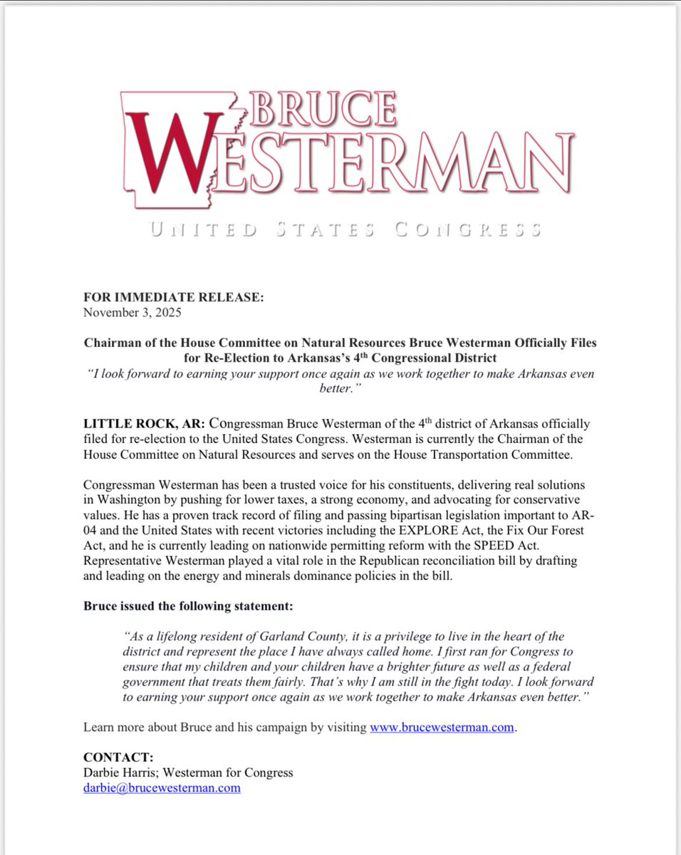WestermanAR's tweet image. Today, I officially filed to run for re-election to Arkansas’s 4th congressional district. I look forward to earning your support once again as we work together to make Arkansas even better. 

Let’s get to work! Join Team Westerman today!