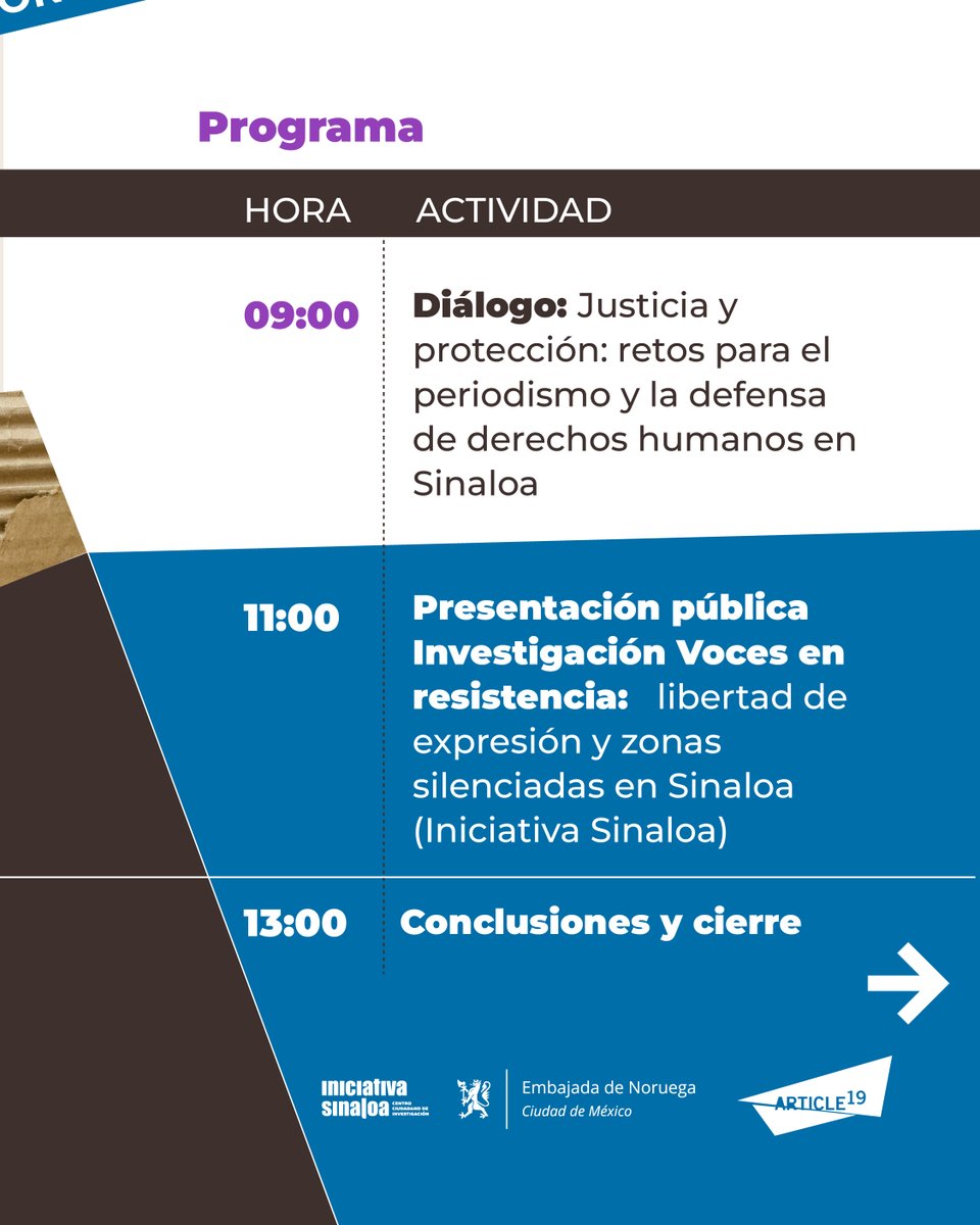 🗣️Foro: Libertad de expresión bajo fuego🔥
📍Culiacán, Sinaloa
📅14 de noviembre | 9:00 a 13:30 h
🏛️Auditorio del Jardín Botánico

Ante la necesidad de hablar, reflexionar y proponer.
👉 Te invitamos al foro “Libertad de expresión bajo fuego: desafíos y alternativas en Sinaloa"