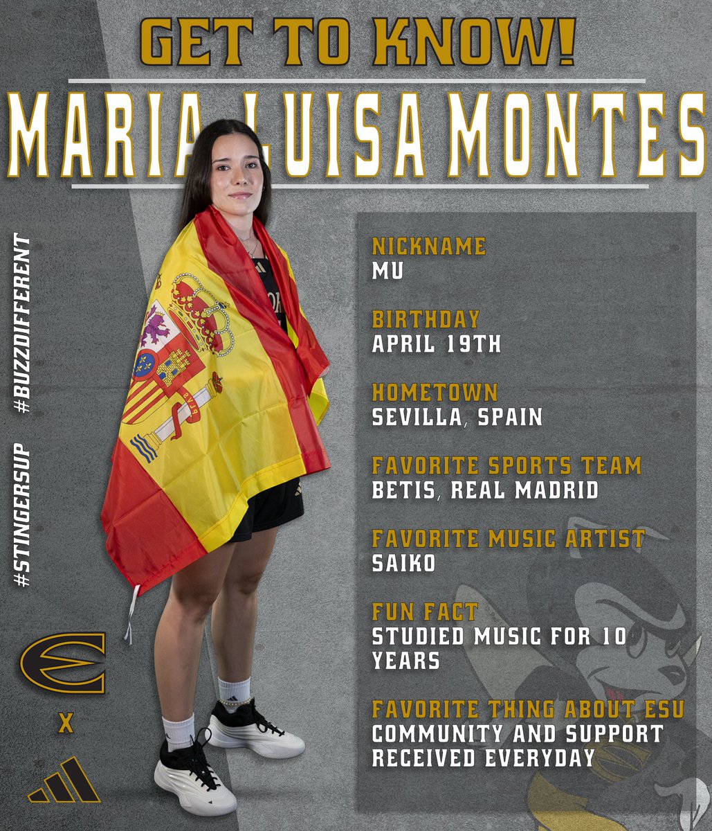 ESUHornetsWBB's tweet photo. Get to know Maria Luisa Montes! 🇪🇸🏀

Maria is bringing her energy, skill, and passion to Lady Hornets this season. 

We’re excited to have her as part of the Hornet family — both on and off the court! 💛🖤

#BuzzDifferent #StingersUp https://t.co/lISGj4HeTI