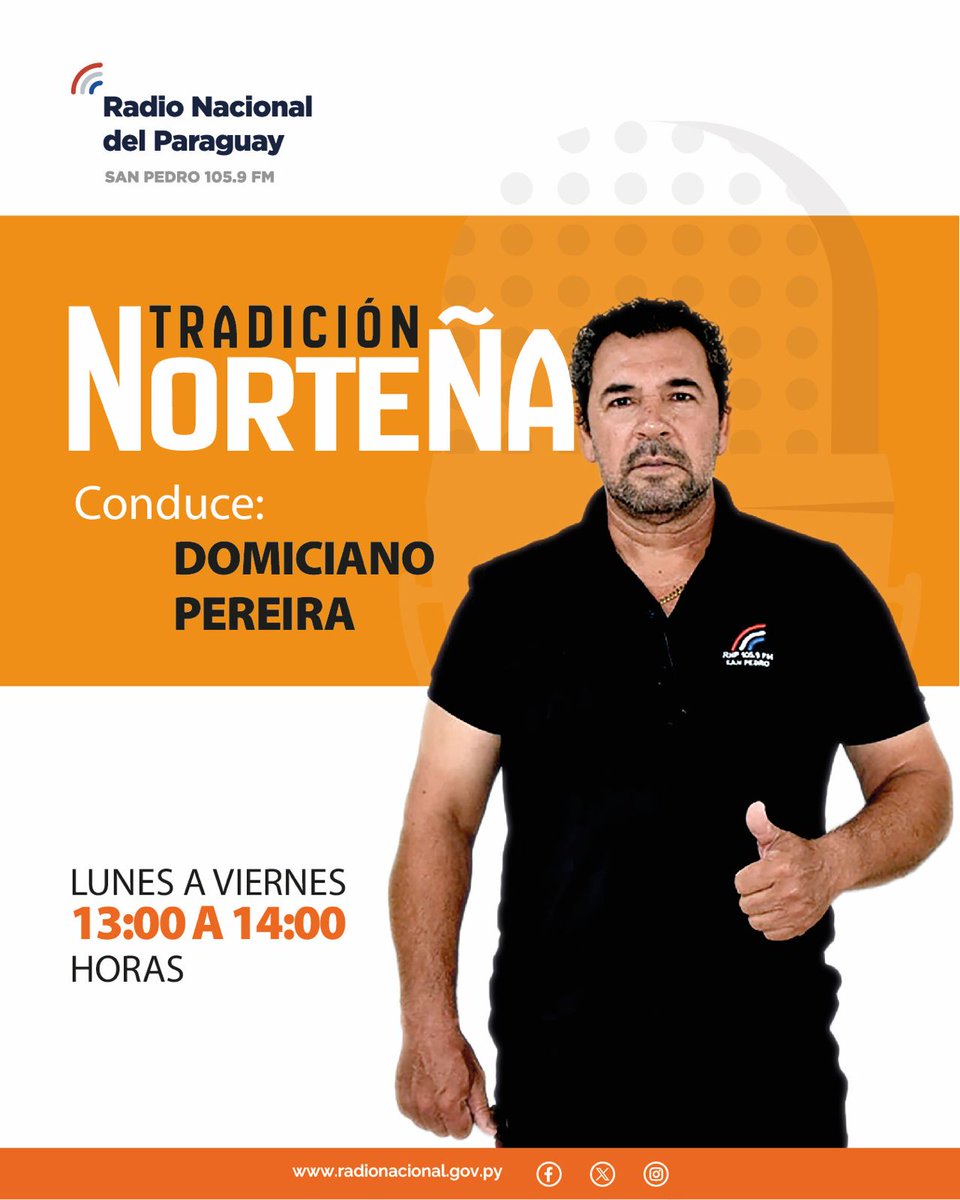 Iniciamos nuestro programa #TradiciónNorteña, conduce <a href="/DomicianoPerei5/">Domiciano Pereira</a>, 📅de lunes a viernes,⌚de 13:00 a 14:00 horas 

🔴En vivo por #RNSP 
📻radionacional.gov.py/1059fm/