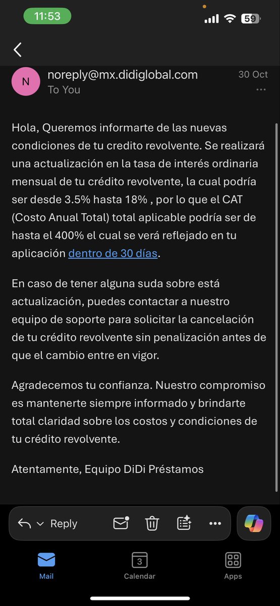 creyna17's tweet photo. @AtencionProfeco me podrías ayudar con @DiDiPrestamosMX recibí el correo mostrado en imagen, y yo no estoy de acuerdo con los nuevos términos y condiciones, ya que me parecen excesivas hablo para cancelar sin penalización y me dicen que no se puede! https://t.co/fVoRAAgaLf