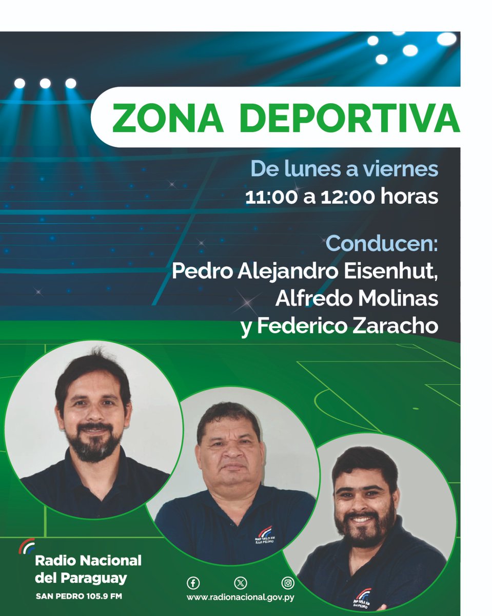 Arrancamos nuestro programa #ZonaDeportiva, conducen Pedro Alejandro Eisenhut, Alfredo Molinas e 
<a href="/IcoZara17/">Federico Zaracho</a>, 📅 de lunes a viernes,⌚de 11:00 a 12:00 horas 

🔴En vivo por #RNSP
📻radionacional.gov.py/1059fm/