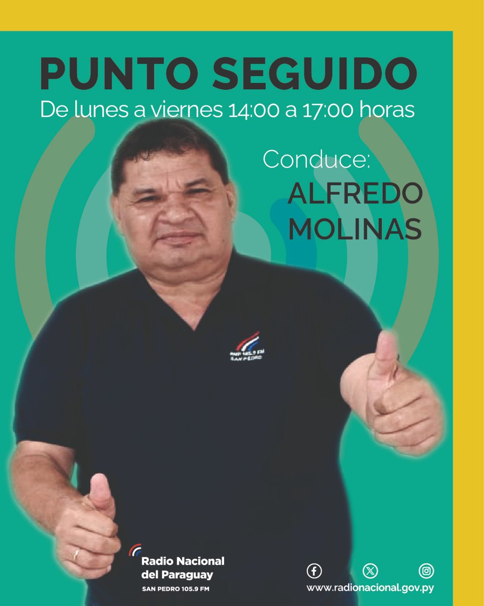 Ya comienza #PuntoSeguido conduce Alfredo Molinas,📅de lunes a viernes, ⌚de 14:00 a 17:00 horas 

🔴En vivo por #RNSP 
📻radionacional.gov.py/1059fm/
