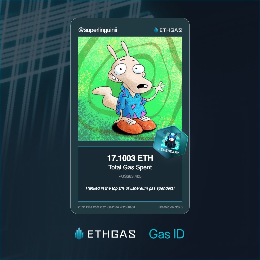 superlinguinii's tweet image. Leveled up in the Great Gas Reckoning with ETHGas! 💪

Legendary Jack status: 17.1003 ETH gas spent, 4000 Beans earned—supporting the Gasless Future!

Claim your Gas ID at ethgas.com/community/gas-…