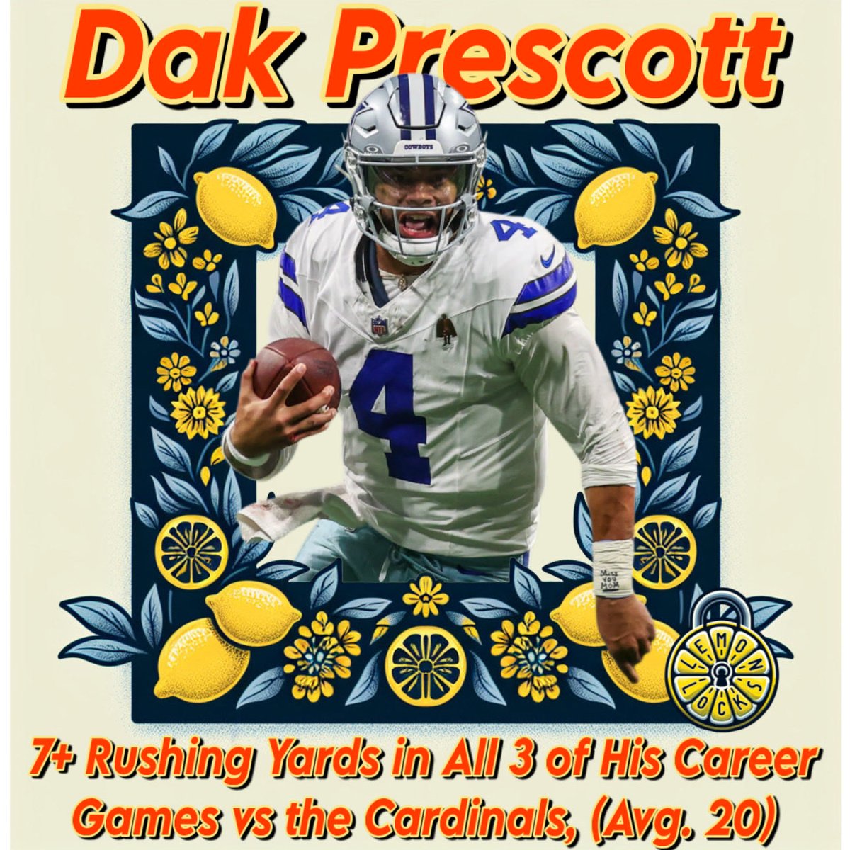 lemonlocksbets's tweet photo. π¨π TODAYβS FREE #LemonLock ππ:
π - Dak Prescott will record OVER 6.5 rushing yards vs the Arizona Cardinals
(ARI @ DAL)
(GAME STARTS @ 8:15PM)
Dak: Hit this line in 5/6 career MNF games, avg. 20
Dak: Hit this line in 7 of his last 10 home games, avg. 9.5 https://t.co/4ifcPCZ7ha