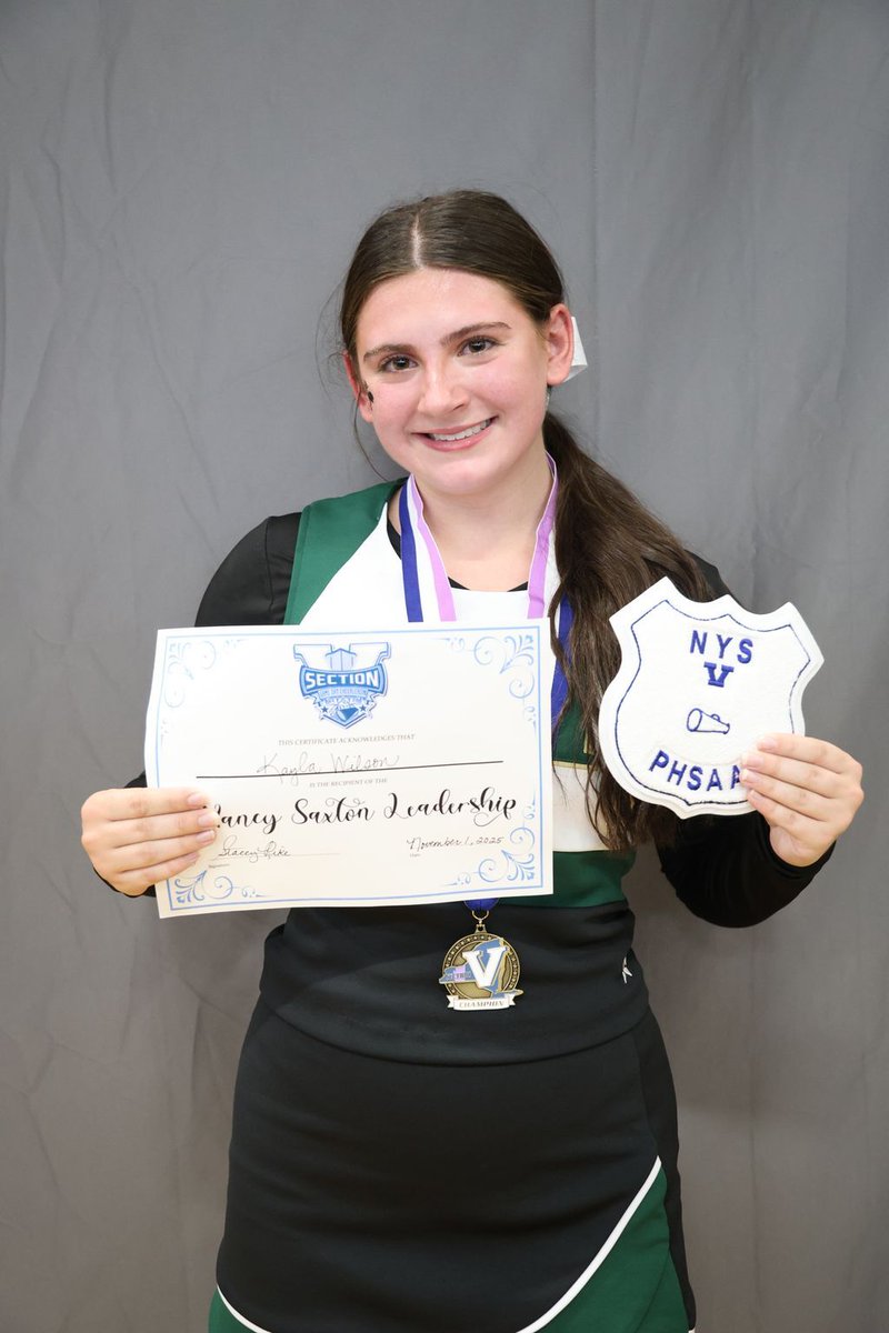 🌟 A huge congratulations to our 2025 Class A Nancy Saxton Leadership Award Recipient — Kayla Wilson of Rush Henrietta! 🌟
Your positivity, leadership, and love for cheerleading inspire athletes and coaches across Section V. Thank you for leading with heart and passion! 💙👏📣