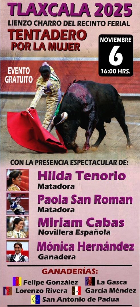 Tlaxcala MEX 6 de noviembre en lienzo charro del recinto ferial "Tentadero por la mujer" con las toreras <a href="/Hilda_Tenorio/">Hilda Tenorio</a>, <a href="/paolasanroman7/">Paola San Román</a>, la novillera @MiriamCabas y la ganadera Mónica Hernández, reses Felipe González, Lorenzo Rivera, La Gasca, García Méndez, San Antonio de Padua