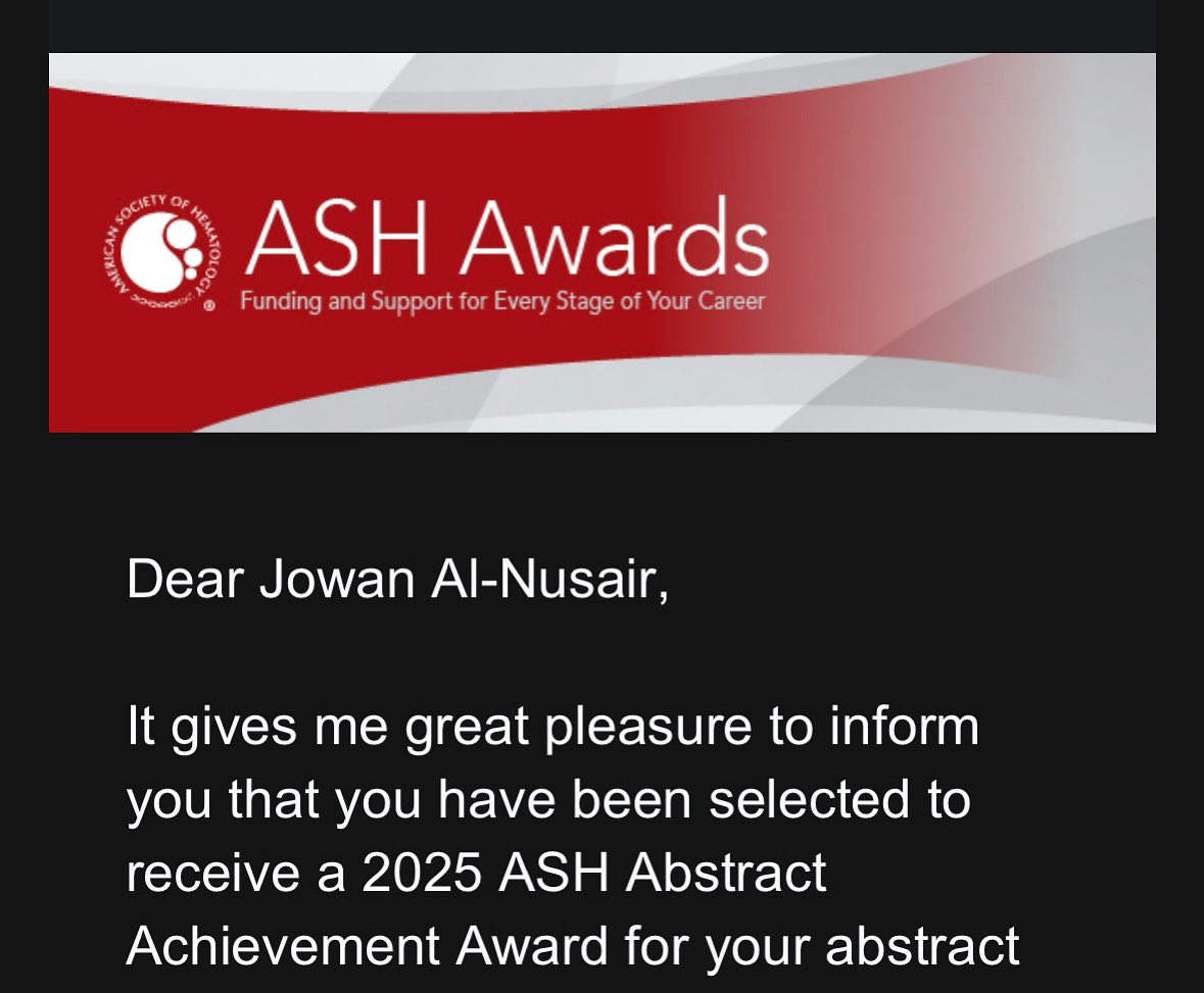 MUIntMed's tweet photo. Congratulations to our PGY3 and future hematologist, Dr Jowan Nusair on winning an Abstract Achievement Award from the American Society of Hematology! 🩸We are so proud of your achievement!! #ASH25 #Hematology https://t.co/vgafYrPCIi