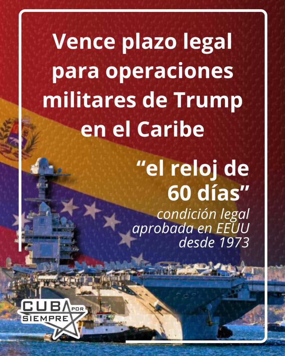 ‼️A partir de este 3/11 el Gobierno de EE.UU. debería finalizar sus operaciones "antinarcóticos" en el Caribe y el Pacífico, según la Resolución de Poderes de Guerra de 1973. Esta ley obliga a cesar las hostilidades 60 días después de su inicio si el Congreso no las autoriza