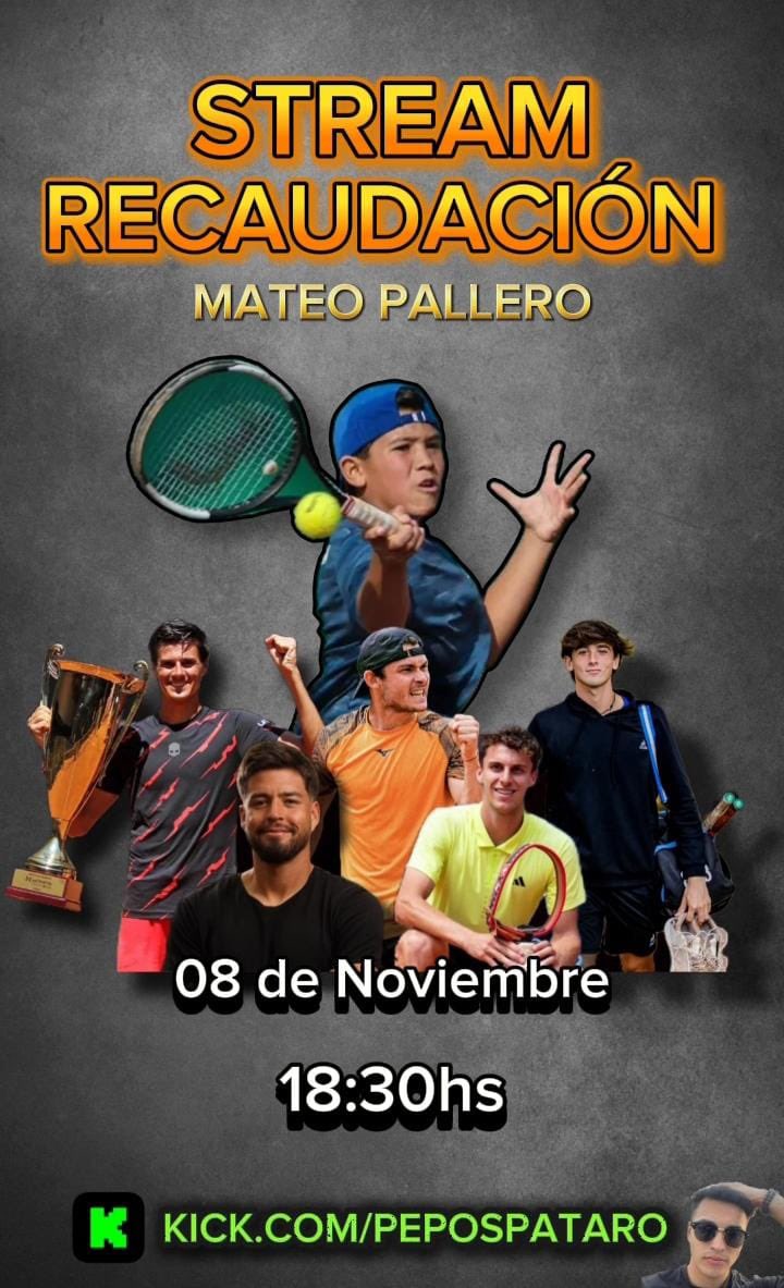 Este sabado hacemos el stream recaudación para Mateo Pallero! 
Tenistas confirmados hasta ahora: Alex Barrena, <a href="/jmcerundolo/">Juan Manuel Cerúndolo</a>, <a href="/fedeecoria/">fede coria</a>, <a href="/Juanp_paz/">Juan Pablo Paz</a>, <a href="/manulaserna3/">Manu</a>.
Si algun tenista mas quiere sumarse que me escriba por privado o acá abajo y yo lo contacto! Muchas gracias