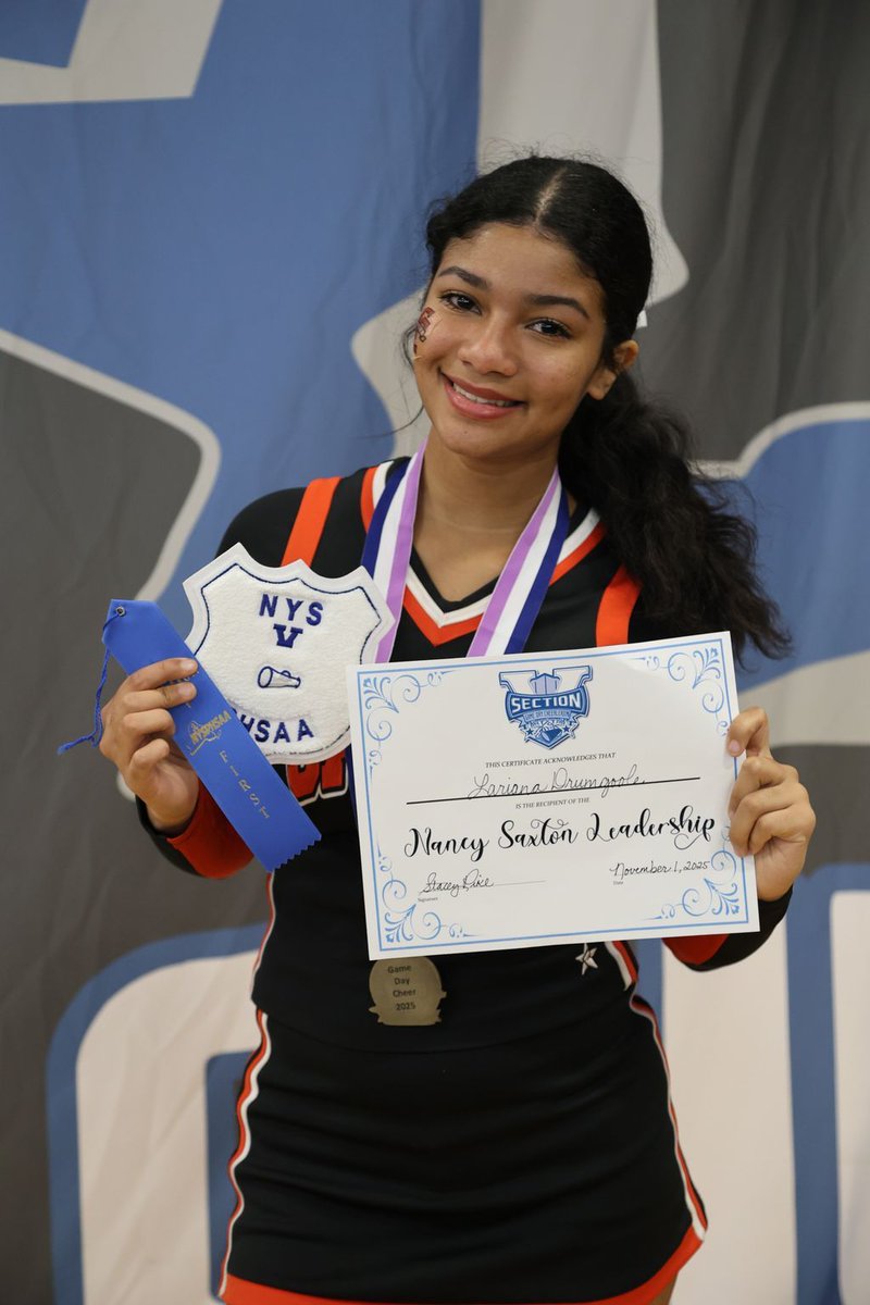 🌟 A huge congratulations to our 2025 Class B Nancy Saxton Leadership Award Recipient — Lariana Drumgoole of Churchville! 🌟
Your positivity, leadership, and love for cheerleading inspire athletes and coaches across Section V. Thank you for leading with heart and passion! 💙👏📣