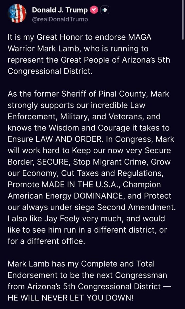 President <a href="/realDonaldTrump/">Donald J. Trump</a> just ended Arizona’s CD-5 primary

Let me be the first to congratulate @SheriffLamb1 on being our next Congressman!🇺🇸

It’s time for all of the other candidates to drop out, so the Party &amp; grassroots can focus money/energy on other, more important races