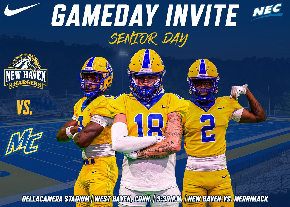 Last Home Game of the Year! 🏈
Senior Day at Dellacamera Stadium 🔥
DMV &amp; NYC athletes — message me for an invite! 
#GoChargers #UNHFootball #SeniorDay #Recruiting #DMVFootball #NYCFootball