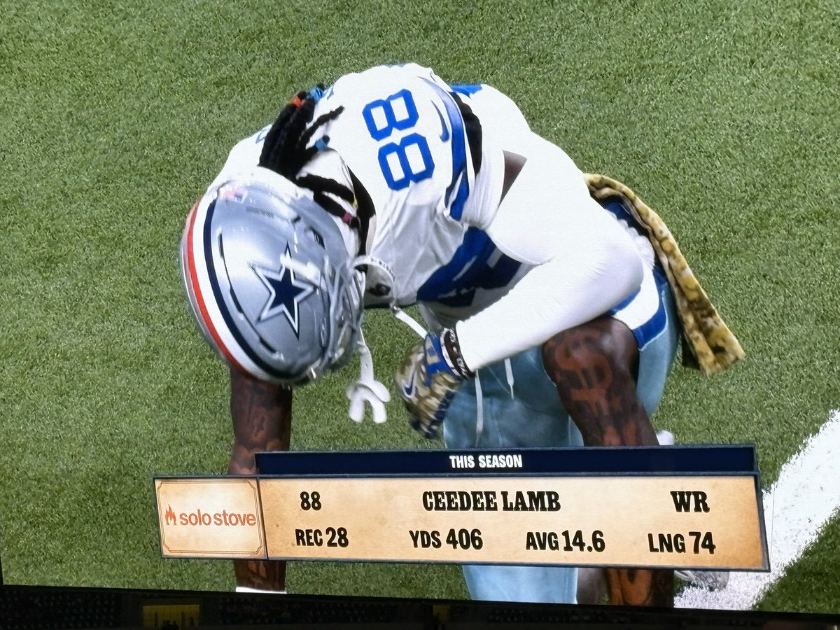 Cowboys wearing their Salute to Service helmets with the red stripe tonight