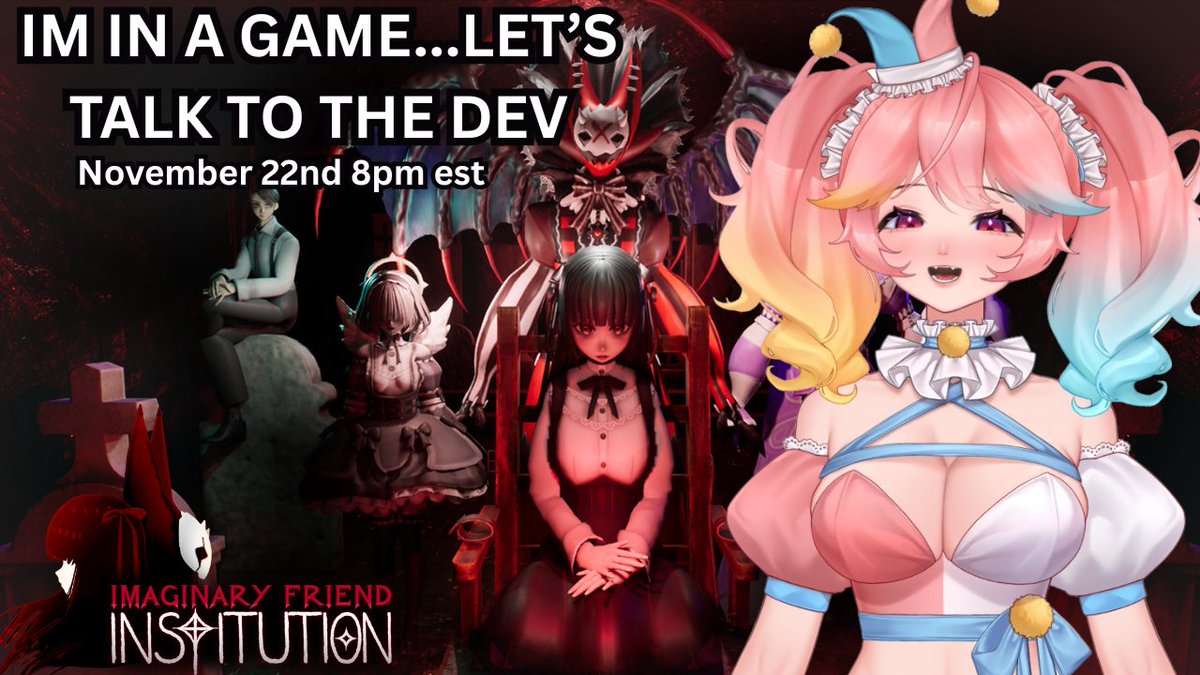 BubbleGumClown1's tweet image. 🎙️Big news! I’ll be voicing characters in Chapters 1 &amp;amp; 2 of Imaginary Friend Institution! ✨

Join me on November 22nd at 8pm EST as we play the game and chat live with the dev, @grantmarrs_ .

~ Hope to see you all there!