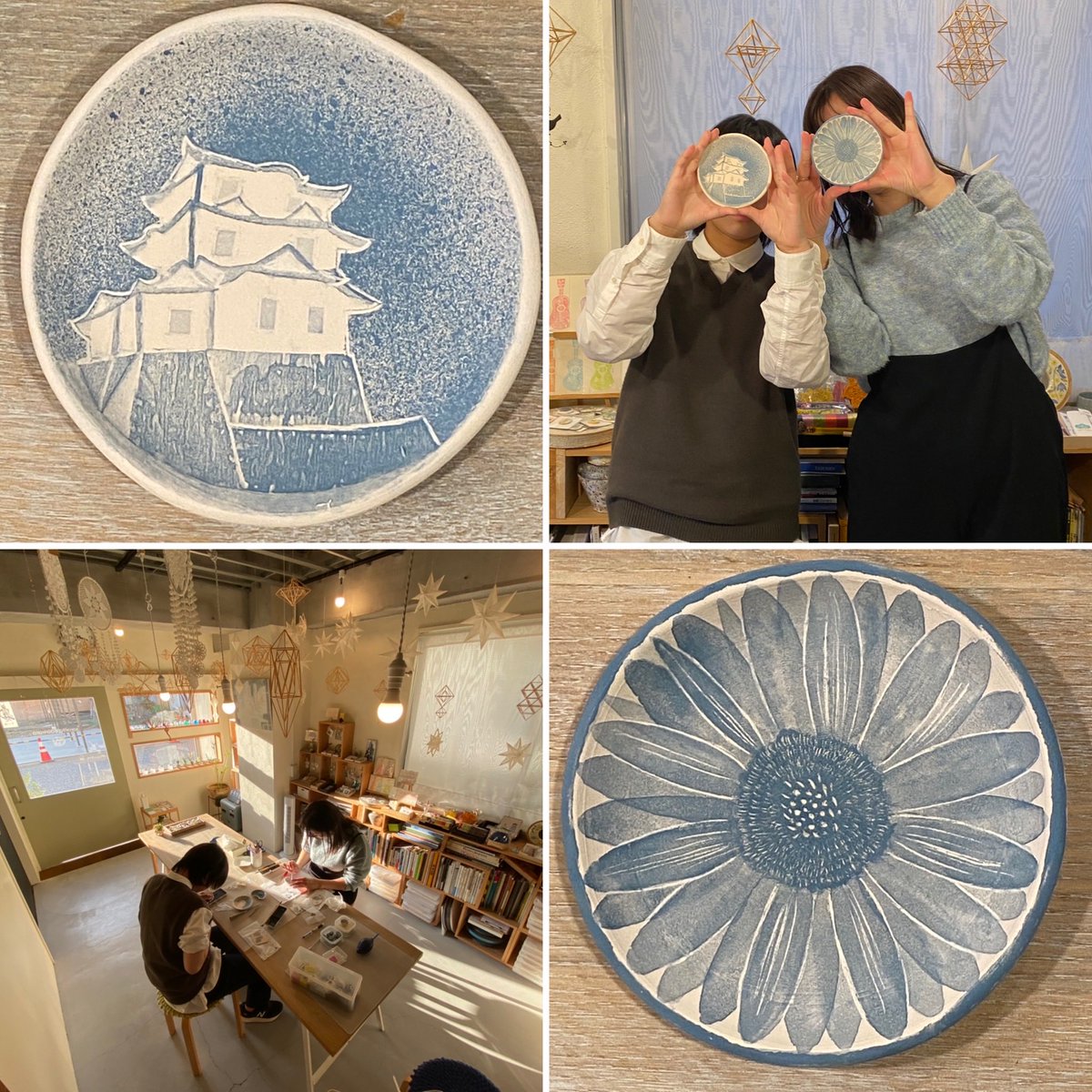 q11g4uDVTQwrb5a's tweet image. お母さんと一緒に久しぶりにお出かけの中学3年生、見上げた小田原城を根気と集中力で描き切りました👏お母さんは大好きな向日葵を花びら１枚ずつ丁寧に🌻焼き上がりお楽しみに☺️ちょっと冷んやりした秋晴れ11/4(火)11時オープン、5(水)月イチWS、6(木)は定休日です。