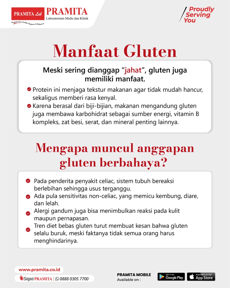 pramitalab_id's tweet image. Gluten sering disalahpahami. Faktanya, gluten tidak berbahaya bagi semua orang. Hanya penderita celiac, alergi gandum, atau sensitivitas gluten yang harus
menghindarinya. Untuk sahabat PRAMITA sehat, gluten tetap bisa jadi sumber energi.

#Gluten #DietSehat #MitosFaktaGluten