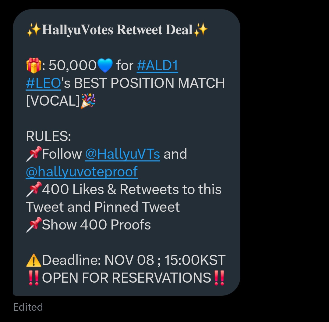 stilleowner's tweet image. 𝐇𝐚𝐥𝐥𝐲𝐮𝐕𝐨𝐭𝐞𝐬 𝐑𝐞𝐭𝐰𝐞𝐞𝐭 𝐃𝐞𝐚𝐥

🎁: 50,000💙 for #ALD1 #LEO's BEST POSITION MATCH [VOCAL]

RULES:
📌Follow @HallyuVTs &amp;amp; @hallyuvoteproof
📌400 Likes &amp;amp; Retweets to this Tweet and Pinned Tweet
📌Show 400 Proofs 

Deadline: NOV 08 ; 15:00KST
OPEN FOR RESERVATIONS ‼️