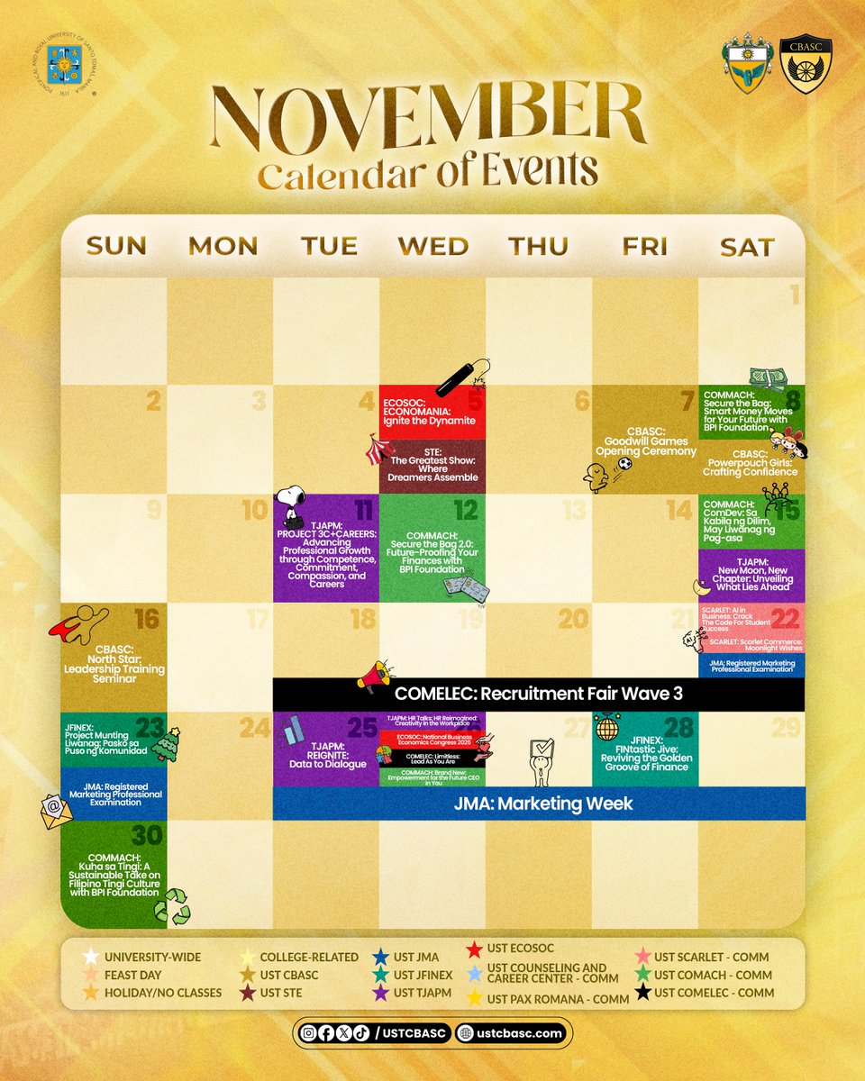 We’re back energized, inspired, and ready to make this month count!

Here’s what’s in store for November, a month filled with purpose, passion, and fun-filled events you won’t want to miss.

Join us and make more memories this time, Komersyo!

#USTCBASC2526 
#PROGRESSIN92GETHER
