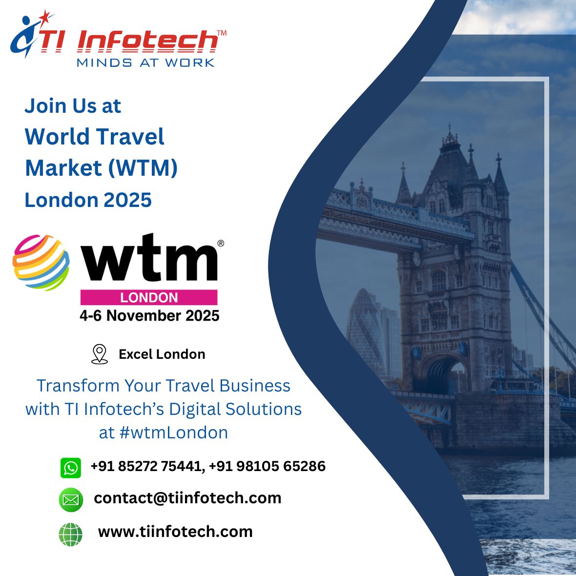 tiinfotech's tweet photo. Transform Your Travel Business with TI Infotech’s Digital Solutions
Book now!
https://t.co/xg5f1fXMTH
𝐃𝐚𝐭𝐞: 4th to 6thNov, 2025
𝐓𝐢𝐦𝐞: 10:00 AM to 6:00 PM (BST)
𝐋𝐨𝐜𝐚𝐭𝐢𝐨𝐧: ExCeL London
𝐄𝐦𝐚𝐢𝐥: contact@tiinfotech.com
#wtmlondon2025 #worldtrademarket #tiinfotech https://t.co/mJowAiRYQ0