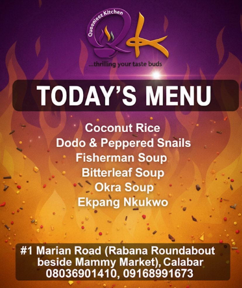queeniebassey's tweet image. Stop suffering from menu anxiety. We&apos;ve solved your lunch/dinner crisis. See you soon!
📍 #1 Marian Road (Rabana Roundabout beside Mammy Market), Calabar
📞 Call/WhatsApp: 08036901410, 09168991673
#QueeniezKitchen #CalabarEats #TodaysMenu #NigerianFood #Foodie