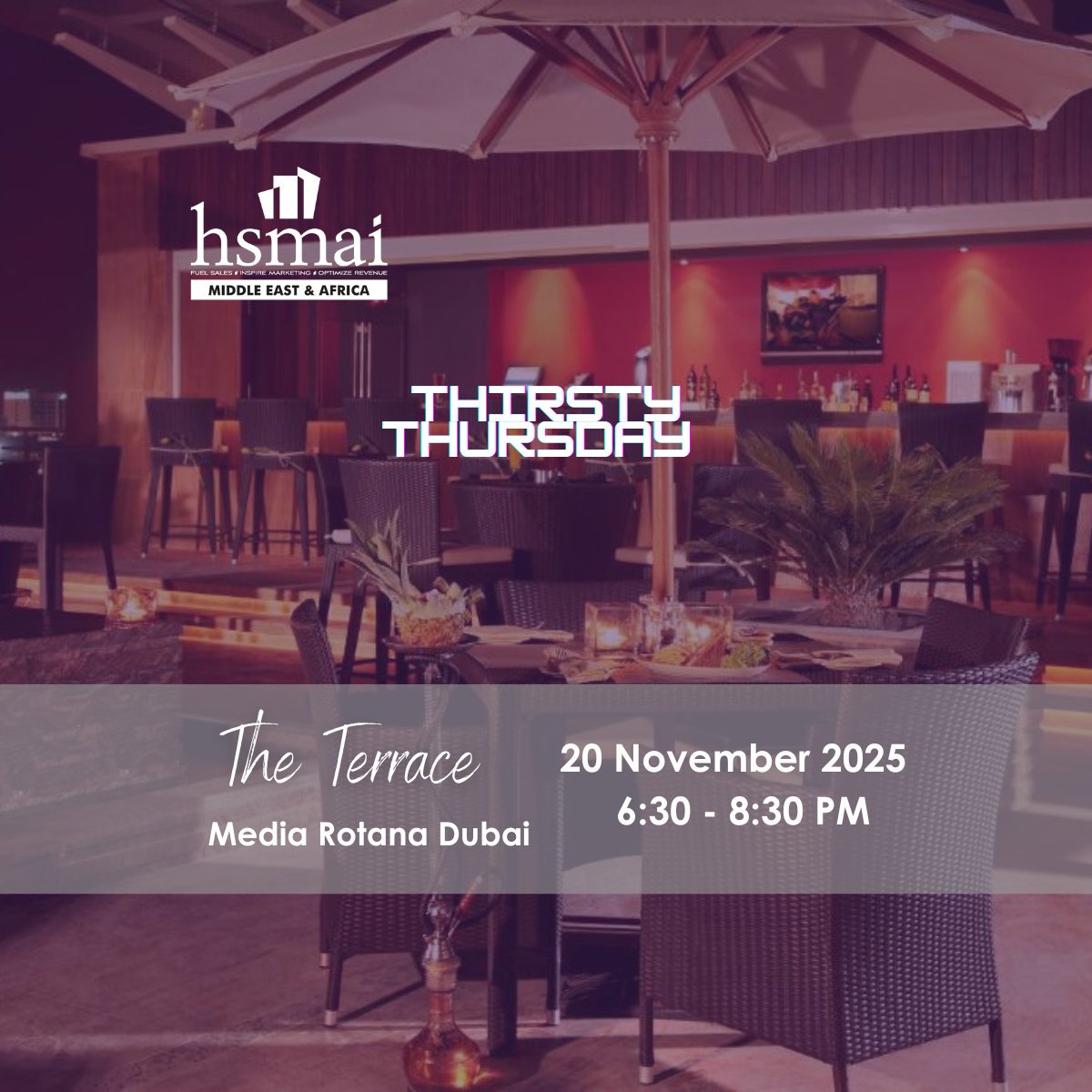 The weather’s cooling down — and so are the vibes. 🥂

Join us for #ThirstyThursday at The Terrace, <a href="/MediaRotana/">Media Rotana Dubai</a>, where great conversations meet good cocktails and even better company.

📅 20 Nov | 6:30–8:30 PM
Book your space: hsmaime.org/product/ttdxb/

#HospitalityCommunity
