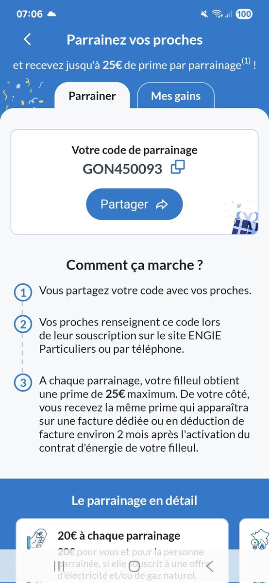 marxgnt's tweet image. Si certains cherchent un code parrainage Engie : GON450093

Il vous offre 20€ sur votre facture d&apos;électricité ou de gaz, avec un bonus de +5€ en cas de souscription Élec ou Gaz vert+.

#Parrainage #Engie #CodePromo #CodeParrainage