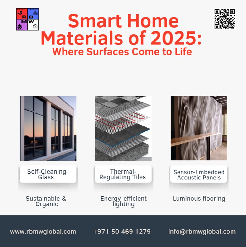 RBMWGlobal's tweet image. 🏠 Smart Home Materials 2025: Surfaces That Think 🤖
From self-cleaning glass to climate-smart tiles &amp;amp; sensor walls—design meets intelligence.
Your home just got brains (and beauty).
#SmartDesign #FutureLiving #InvisibleTech #RBMWGlobal #HomeOfTheFuture