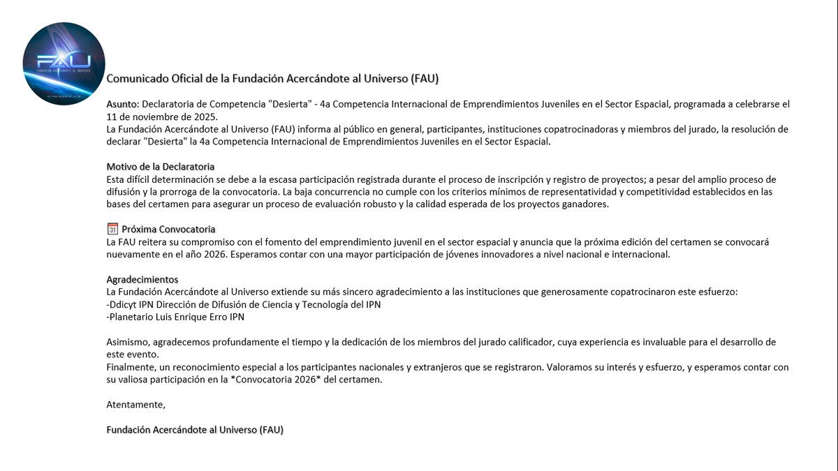 Comunicado Oficial <a href="/UniversoFAU/">Fundación Acercándote al Universo, A.C. (FAU) 🚀</a>