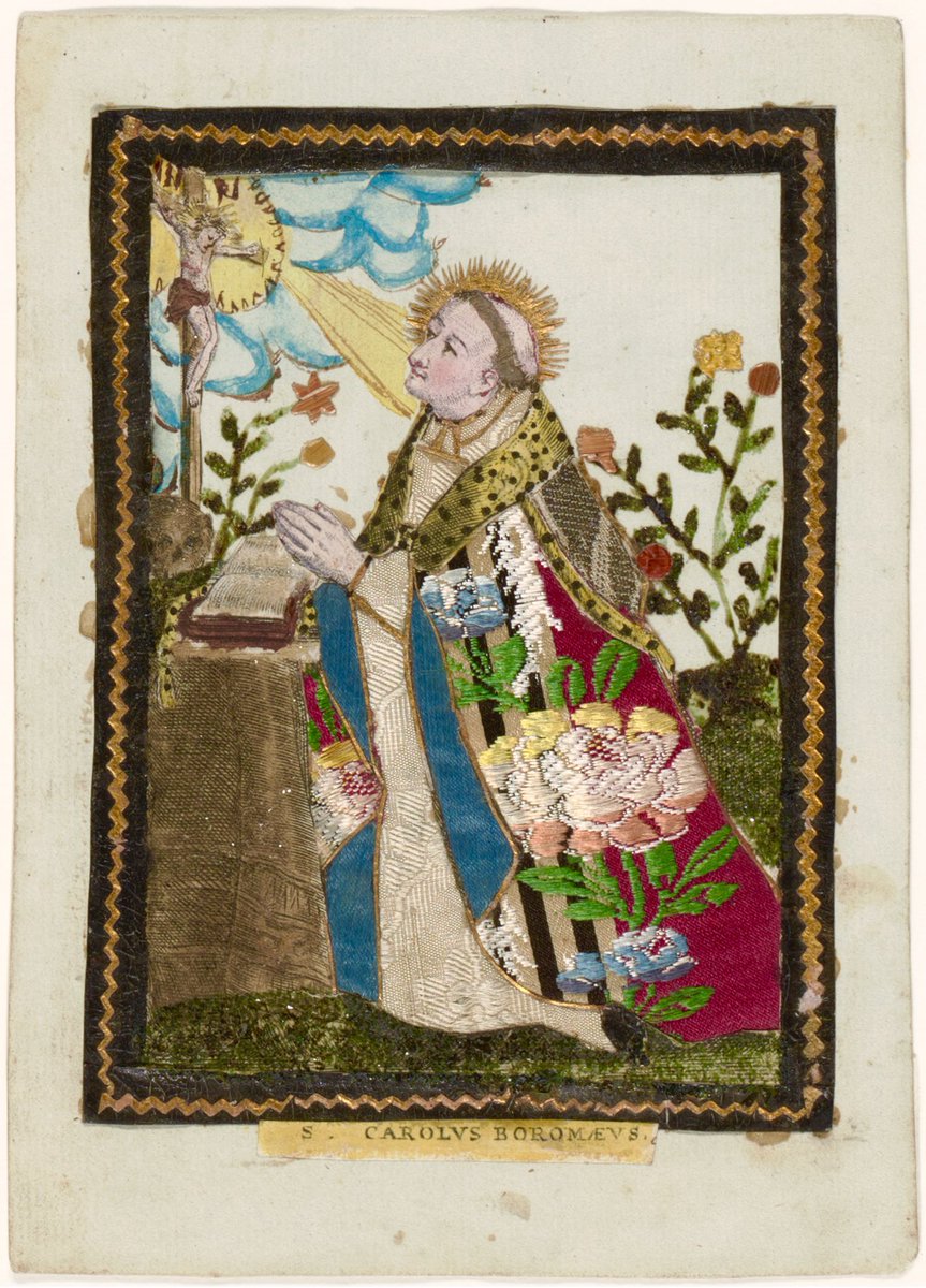 Carolus Borromeus (1538-1584)
4 november 💫
Aartsbisschop van Milaan &amp; kerkleraar 📖
Stichtte weeshuizen, hospitalen en verzorgde pestlijders ❤️‍🩹
Collage op perkament met een verknipte gravure, textiel, goudpapier en stro ✍️
#vrouwenkunst #devotieprenten ca. 1700 <a href="/catharijne/">Catharijneconvent</a>