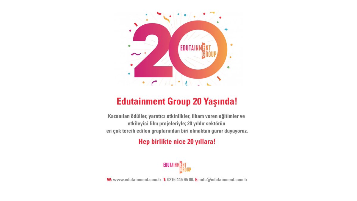 EdutainmentTR's tweet photo. Edutainment 20 Yaşında! Kazanılan ödüller, yaratıcı etkinlikler, ilham veren eğitimler ve etkileyici film projeleriyle; 20 yıldır en çok tercih edilen gruplarından biri olmaktan gurur duyuyoruz.

Hep birlikte nice 20 yıllara!

https://t.co/qsPuLqW2QN
 
#EdutainmentGroup https://t.co/1EOepyRorW