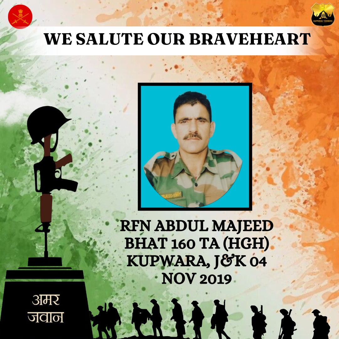KupwaraTerriers's tweet photo. On this day,#KupwaraTerriers honour Rifleman Abdul Majeed Bhat of 160 TA Battalion,who passed away on 04 Nov 2019 while serving the Nation in the extremely unforgiving terrain of #Kupwara, J&amp;K.His devotion reminds us of the hardships that our soldiers endure to protect the nation https://t.co/bNYqTCQon5