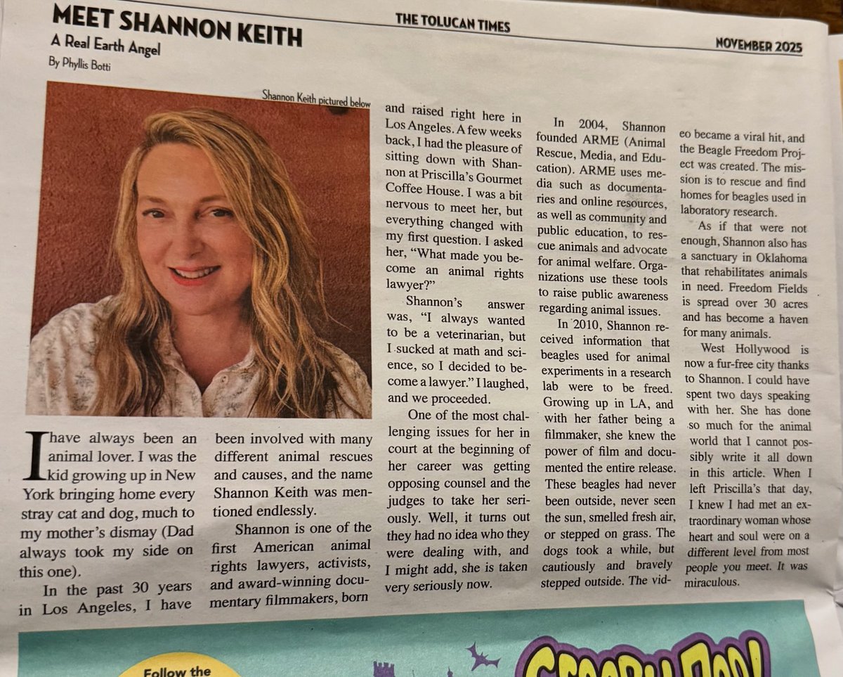 PhyllisBotti's tweet image. The Tolucan Times November issue is out. It was an honor and pleasure to interview Animal rights lawyer Shannon Keith. Born and raised in LA. Her voice has gone Global. #BeagleFreedomProject
