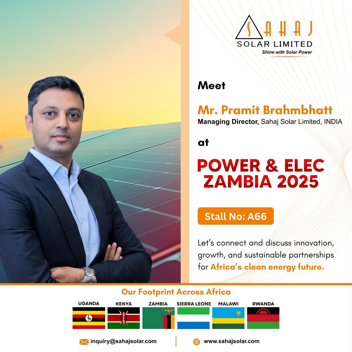 LtdSahaj's tweet photo. Sahaj Solar continues to illuminate new opportunities across Africa!
Our Managing Director, Mr. Pramit Brahmbhatt, will be at Power &amp; Elec Zambia 2025 (Stall A66) to engage in conversations about growth, sustainability, and innovation in clean energy. https://t.co/IEkP6cqfzg