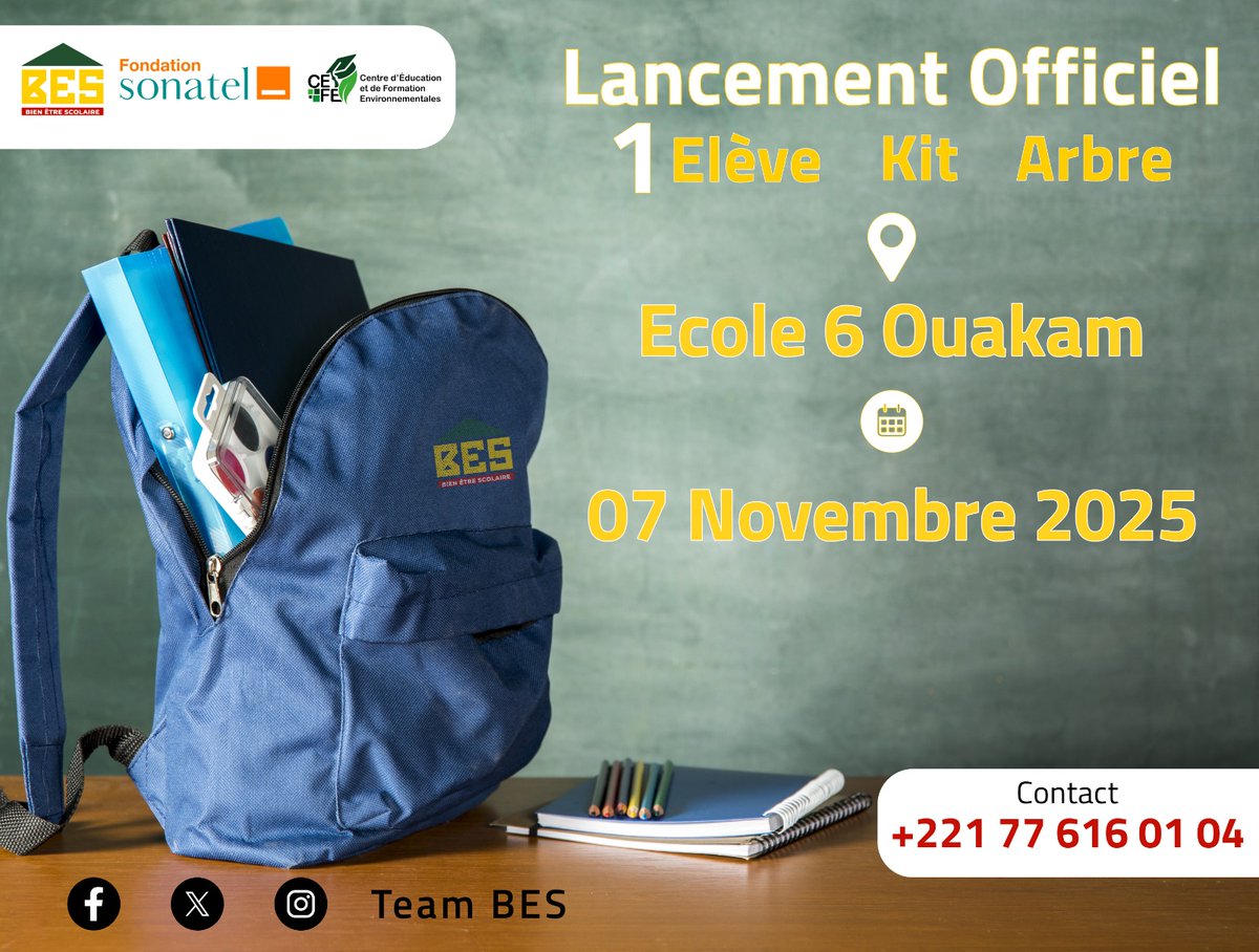 Lancement officiel de "TOUS À L'ÉCOLE 2025" le vendredi 07 novembre 2025 à l'école 6 de Ouakam avec <a href="/FSonatel/">Fondation Sonatel</a> et le <a href="/DuCefe/">Education et Formation Environnementales</a> à partir de 09h30.
3000 kits et 3000 🌳 seront distribués dans tout le Sénégal.
Un élève - un kit scolaire - un 🌳 avec <a href="/TeamBES_/">TEAM Bien Être Scolaire (BÊS)</a>