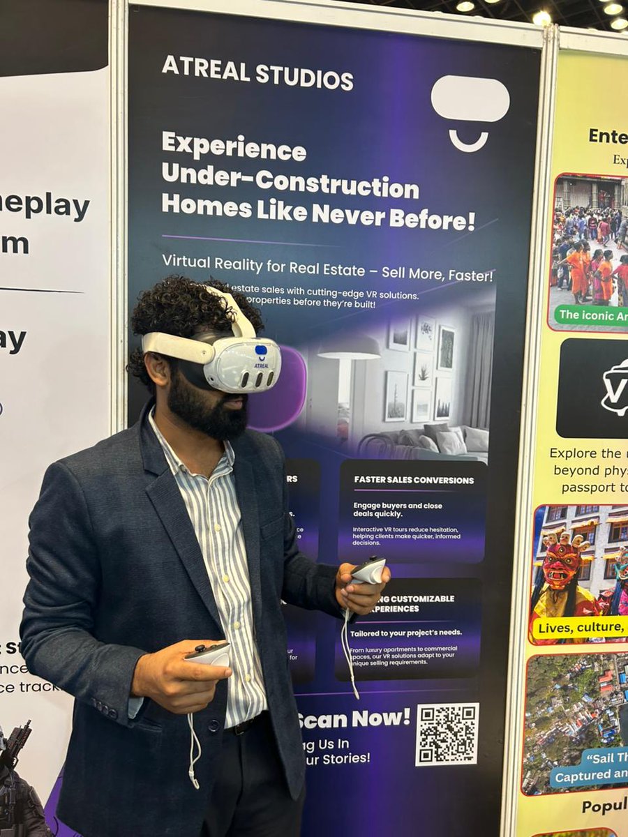 stpiguwahati's tweet image. Exciting moments from #IndiaJoy2025, Hyderabad! 
Atreal Studios Pvt. Ltd., a startup unit under OctaNE CoE Imphal – #EmergingTechnologies in AR/VR, showcased their innovative VR-based real estate visualization platform. @GoI_MeitY @arvindtw