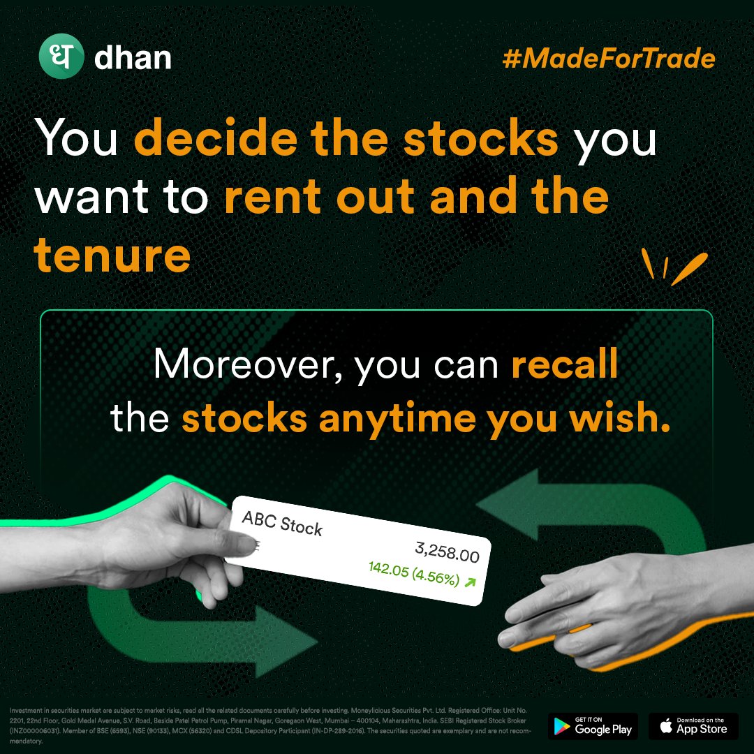 DhanHQ's tweet photo. Move your portfolio to Dhan &amp; Rent out stocks via SLBM!

- Rent stocks for steady passive income
- Decide how much and for how long
- Online, secure, and hassle-free

Download Dhan today