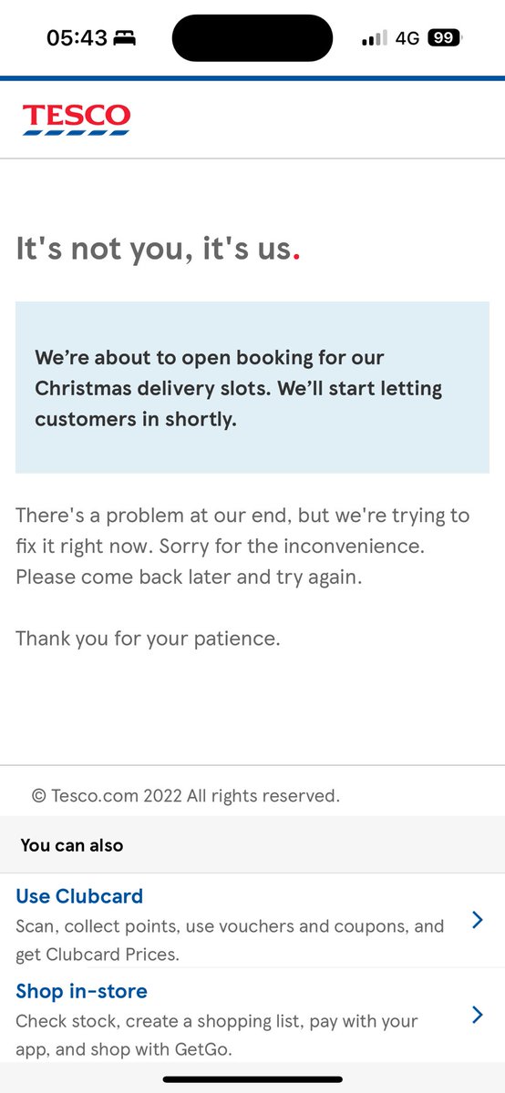 jules__king's tweet photo. Here we go again…the Christmas tradition of the Tesco Christmas slot battle 🫣😩🥴… good luck everyone, may your time in the queue be short and uneventful 🤞🏻🎄🎅🏻 https://t.co/Iy75hrS05J