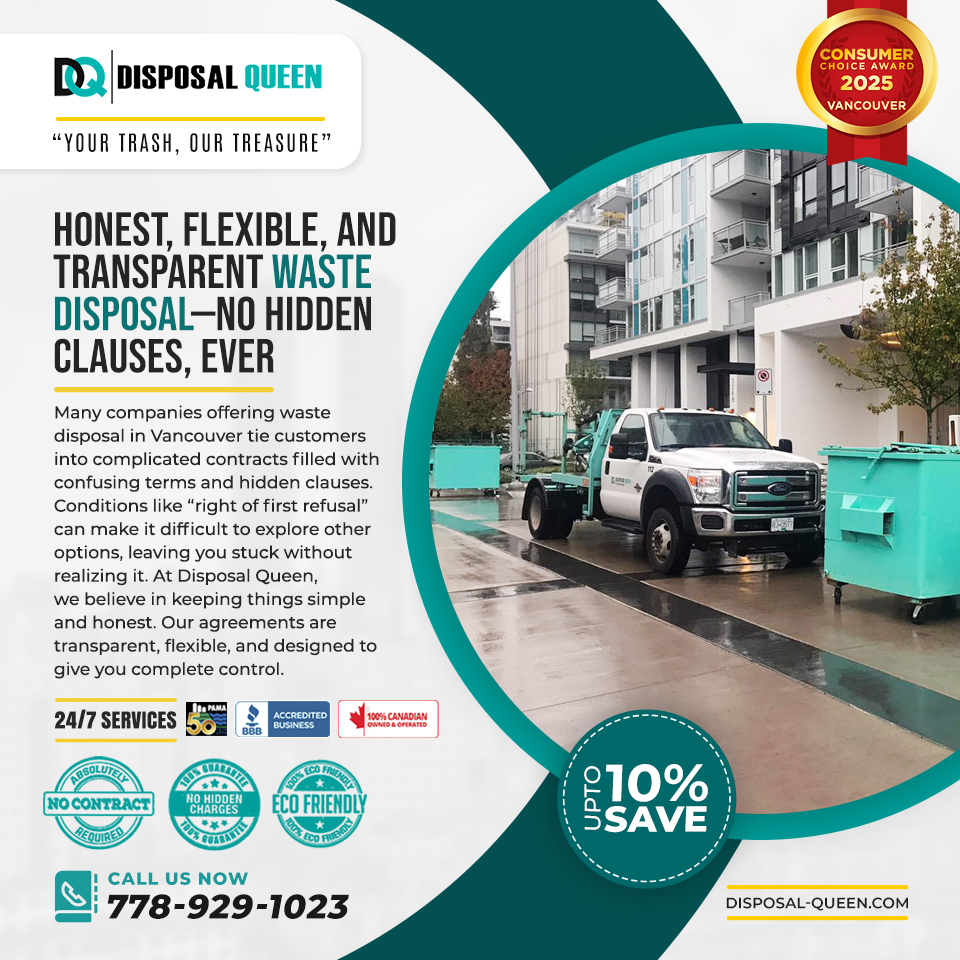 disposal_queen's tweet image. Many companies offering waste disposal in Vancouver tie customers into complicated contracts filled with confusing terms and hidden clauses.

To know more, please visit us at: disposal-queen.com

#DisposalQueen #VancouverWasteDisposal  #UpfrontPricing #NoHiddenFees